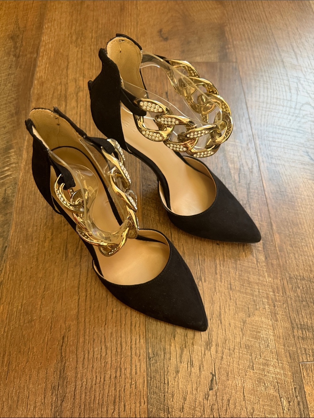 Mix No. 6 Black Pointed Suede Heels with Gold Chain Ankle Strap